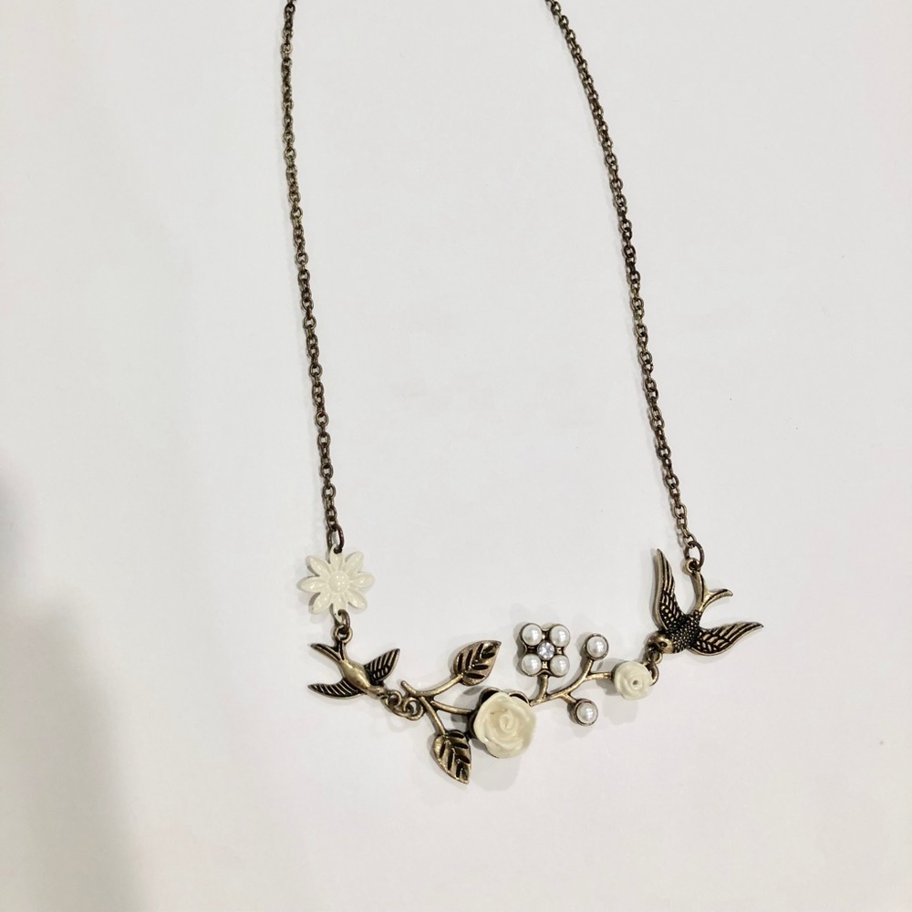 Bird floral antique brass color necklace